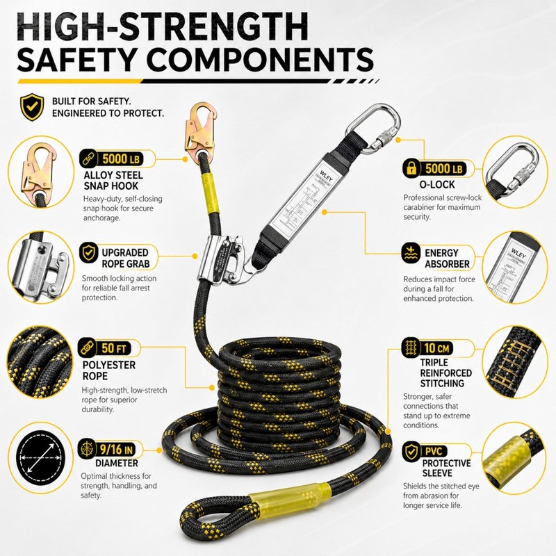 50FT Vertical Lifeline Assembly, Safety Rope,Fall Protection Rope cuerda, Safety