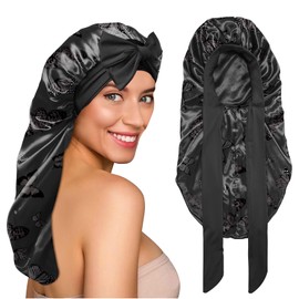 BHAHB Silk Feeling Long Satin Bonnet for Sleeping Adjustable Double Layer Elastic Reusable Long Hair Caps Cute Women Girls-Black Butterfly