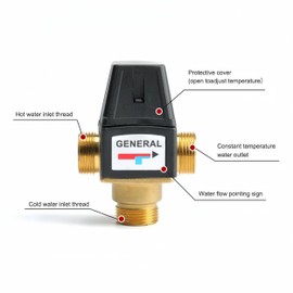 Thermostatic Mixing Valve, Brass Thermostatic Mixing Valve, with G3/4 Male Thread, DN20 3-Way, for Shower Solar Heating System Water Temperature Control