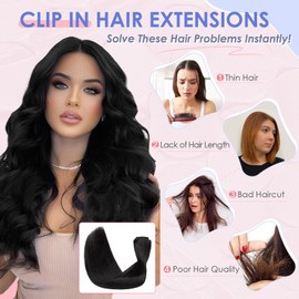 Elailite Hair Extensions Clip in Real Hair Human Hair Black 8 Pieces Invisible Thin Weft Full Head Remy Hair Straight - #1 Jet Black - 22 Inch (75 g)