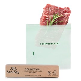 Zenlogy Compostable Gallon Bag (10.5" x 11"), Resealable Food Storage Bags, Biodegradable & Freezer Safe Baggies, Organic Eco-Friendly Storage Container, 25 Pack