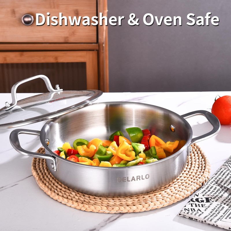 DELARLO Tri-Ply Stainless Steel 3QT Saute Pan With Lid, 12