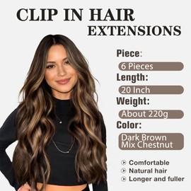 NAYOO Clip in Hair Extensions for Women 20 Inch Long Wavy Curly Dark Brown Mix Chestnut Hair Extension Full Head Synthetic Hair Extension Hairpieces (6PCS, Dark Brown Mix Chestnut)