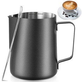 Mumoo Bear Milk Frothing Pitcher 12oz/350ml, Stainless Steel Espresso Steaming Pitcher Milk Jug, Perfect for Cream, Water, Juices, Smoothies (Black 350ML)