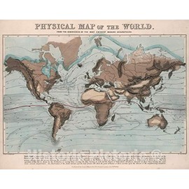 Historic Pictoric Print : Physical map of The World, 1850, Vintage Wall Decor : 14in x 11in