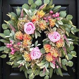 DFRREN 24 Inch Wreath for Front Door Spring Wreath with Purely Handmade Roses, Rose Leaves, Big Berries, Flocking Protea, Home Indoor Outdoor Wall Festival Farmhouse Holiday Decor Year Round