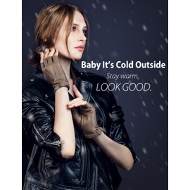 YISEVEN Women's Classic Sheepskin Leather Fingerless Gloves Lined Classic Soft Sheepskin 1/2 Half Finger Button Punk Motorcycle Cycling Fitness Touchscreen Warm Winter Gift, Taupe 8.5"/XXL