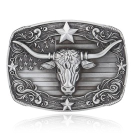 GelConnie Western Belt Buckle, Texas Longhorn Belt Buckles Men, Vintage Silver Cowboy Belt Buckle with American Flag & Star Design