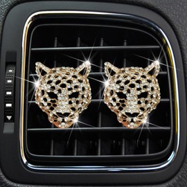 2 Pcs Golden Bling Leopard Air Fresheners, Crystal Car Diffuser Vent Clip Rhinestone Decoration for Women, Auto Accessories, Automotive Air Fresheners