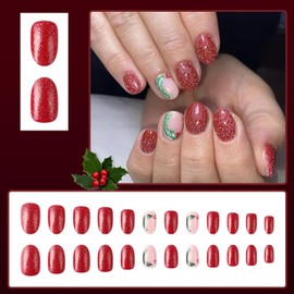 24 Pcs Christmas Press on Nails Short Square - ZIFANHU Red Glitter Fake Nails Press ons Art Tips Full Cover Acrylic Glossy False Nails with Cute Leaves Design Artifical Glue on Nails for Women