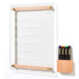Clear Glass Weekly Dry Erase Calendar Whiteboard with Wood Decoration for Wall, Menu & Meal Planner White Board for Home Kitchen, 15x11", Wood Marker Holder and 4 Markers Included, Yeoux