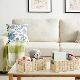 Vagusicc Storage Basket, Set of 2 Wicker Basket, Hand-Woven Paper Rope Storage Baskets for Organizing, Foldable Rectangular Cube Storage Organizer Bins Baskets for Shelves & Decor, Beige