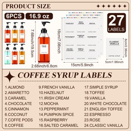 Nuogo 6 Pcs Coffee Syrup Dispenser Set 750ml, 500ml, 300ml, 150ml Pet Black Syrup Bottles with Pump Dispenser 27 Labels for Coffee Bar Kitchen Accessories Portable Travel(16.9 oz,Square)