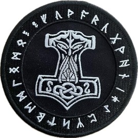 Thor's Hammer in Rune Circle Black Patch, Embroidered Mjölnir Patch for Sew-On Viking Thor Hammer, Thunder God, Donar, Runes, Vikings Fan Gift