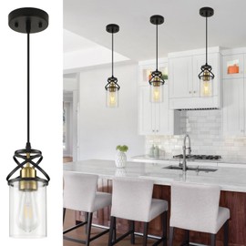 foucasal Modern Pendant Kitchen Island Light, Pendant Lighting with Glass Shade, E26 Socket and Adjustable Cable, Suitable for Living Rooms, Bedrooms, Hallways (Black Gold)