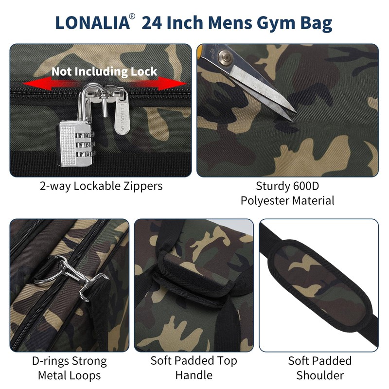 LONALIA 24 inch Gym Duffle Bag with Shoe Compartment -