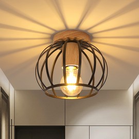 Goeco Ceiling Light Black, E27 Lamp Socket 1 Fimmig, Industrial Lampshade in the Shape of a Metal Cage with Wooden Base, Ceiling Lamp Vintage for Hallway, Balcony and Dining Room, Diameter 19 cm