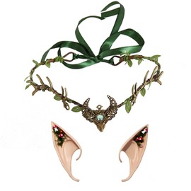 June Bloomy Renaissance Fairy Crown Elven Tiara Antler Headband with Elf Ears Set(Green)