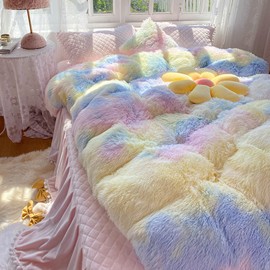 chovy Kids Girls Faux Fur Sunshine Rainbow Comforter Sets Twin/Full - 3PC Bed Set Soft Warm Comfortable Rabbit Plush Velvet Flannel Fluffy Fuzzy Bedding（Comforter x 1 Pillowcases x 2）