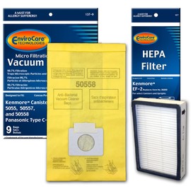 Envirocare Replacement Micro Filtration Vacuum Bags Designed to Fit Kenmore Canister Type C or Q 50555, 50558, 50557 and Panasonic Type C-5 9 Pack. Also Includes 1 EF-2 Filter