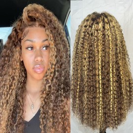 30 inch 200 Density 100% Human Hair Wig Jerry Curly 13x6 Transparent Lace Front Wigs Human Hair For Black Women Pre Plucked 4/27 Honey Blonde Ombre Highlight Curly Wig Wet And Wavy With Baby Hair