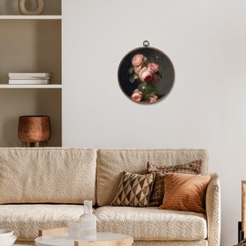 OINDADE Pink Vintage Peony Round Wall Art Decor, Moody Dark Floral Hanging Wall Art, Retro Shabby Chic WallDecor, Pink Coquette Floral Flowers Framed Canvas Artwork for Living Room, 10x10in