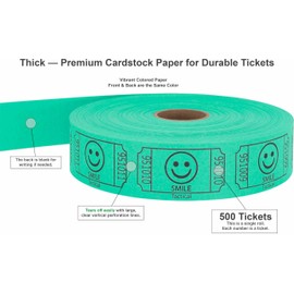 Tacticai 500 Raffle Tickets, Smile, Green (8 Color Selection), Single Roll, Ticket for Events, Entry, Class Reward, Fundraiser & Prizes