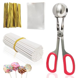 AHKUNMT Cake Pop Sticks and Wrappers,Cake Pop Maker Set Include 100 Cake Pop Bags,Lollipop Sticks and Gold Metallic Twist Ties Meat Baller with One Handles Cake Pops Making Tools for Candies and Chocolates