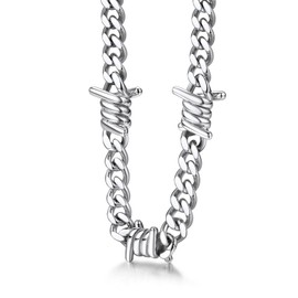 Men Barbed Wire Necklace 7mm Thick Heavy Stainless Steel Chain for Men, Gothic Punk Men Cuban Link Chain Choker Necklace 16 Inch
