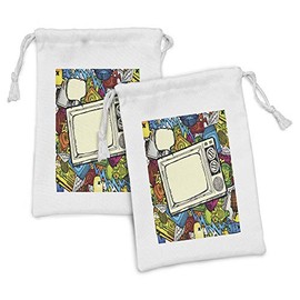 Ambesonne Hip Hop Fabric Pouch Set of 2, 90s Theme Retro Style Linear Drawn a Vintage Television and Speech Bubble, Small Drawstring Bag for Toiletries Masks and Favors, 9" x 6", Multicolor