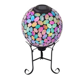 Alpine Corporation Outdoor Solar Powered Pink Glass Mosaic Gazing Globe with LED Lights and Metal Stand, Violet