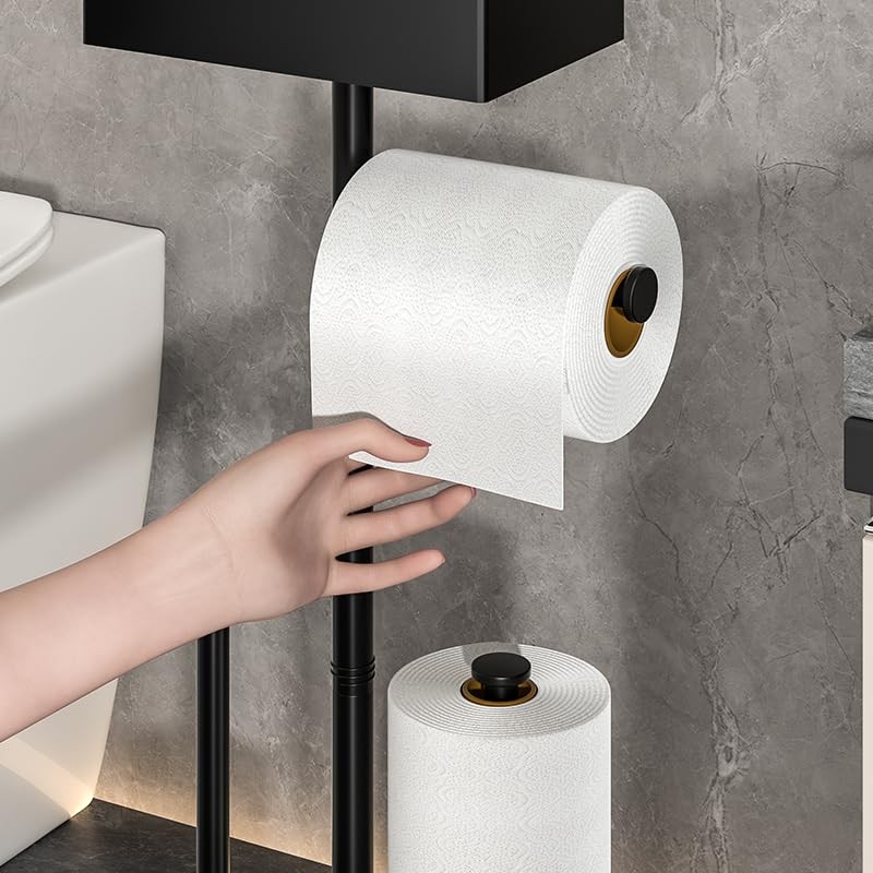 Freestanding Toilet Paper Holder with Tissue Box Storage, Black Metal