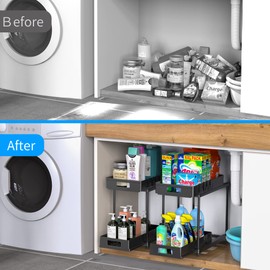 Under Sink Organizers and Storage, 2 Pack Large Capacity Heavy Load Double Pull-out Under Sink Shelves with Sliding Drawer for Kitchen and Bathroom, Black