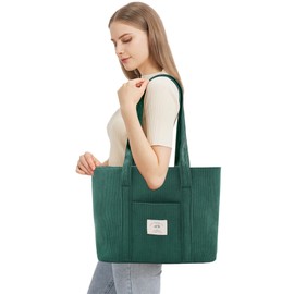 TeeYee Women's Corduroy Large Handbag Tote Bag Shopper with Zip for Books Travel Everyday School Work Shopping (Green, One Size)