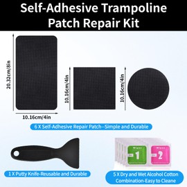 Self-Adhesive Trampoline Patch Repair Kit, 2 Square + 2 Rectangular + 2 Round Patches, Trampoline Patch with Scraper Wet Towel, Trampoline Accessories for Repairing Tears and Holes in Trampoline Mats