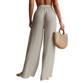 RoseSeek Women's Cover Up Beach Pants Tie Front Mesh Wide Leg Loose Bathing Suit Beach Cover Up Pants Grey Small