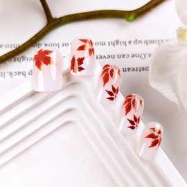 Sparkly Maple Leaf Press on Nails Thanksgiving Medium Square False Nails Glossy Gold Glitter Acrylic Fake Nail 24Pcs Fall Leaves Stick on Fingernails Autumn Gel Glue on Nail for Coquette Women Girls