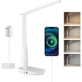Honeywell LED Desk Lamp - HWT-H2 Sunturalux™ Eye-Caring Foldable Desk Light with USB A+C Dual Charging Port 4 Color Modes Dimmable Table Lamp for Home Office Bedroom Reading Study Work - White