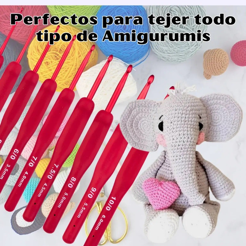 Kit Ganchillos Crochet 9 Agujas Mango Suave Ganchos Rojos