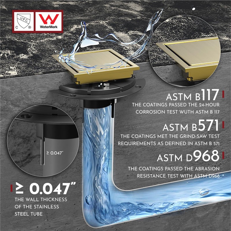 WEBANG 4 Inch Square Shower Drain Gold Floor Drain with