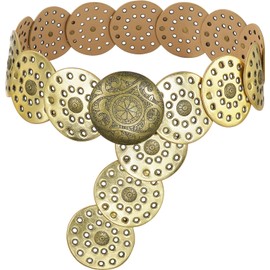Liutufy Wide Disc Belt for Women Vintage Hollow Boho Leather Belt Western Chunky Waist Belt Cowboy Metal Buckle Concho Belts (Gold -S)