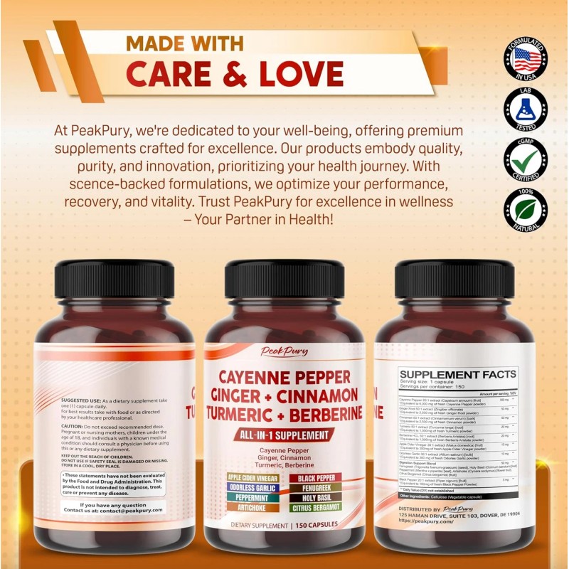 PEAK.PURY Cayenne Pepper 8000Mg Ginger 3000Mg Turmeric 2500Mg Berberine 2500Mg