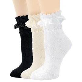 Lolita ruffle socks (CA/US, Alpha, One Size, Regular, Regular, White+Black+Cream)