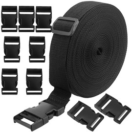 PINGEUI 21 Yards x 1.5 Inch Black Nylon Webbing Strap, Nylon Webbing Strap Band with 11 Sets Flat Side Release Buckles and Tri-Glide Slides, Nylon Heavy Webbing Strap for Luggage and Backpack Strap