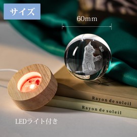 IFOLAINA 3D Cat, Crystal Ball, Birthday Gift, Cute Cat, Crystal Ball, Popular Gift, Stylish, Bedside Lamp, Diameter 2.4 inches (60 mm), Cat, Crystal Ball, Indirect Lighting, LED Light, Wooden Base,