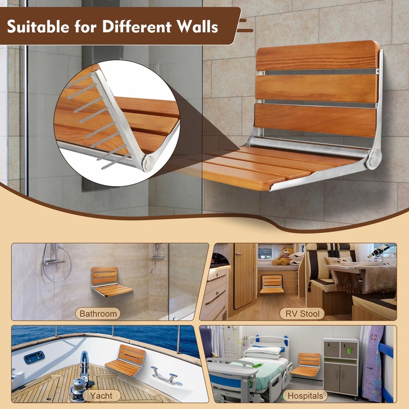 Teak Folding Shower Seat Wall Mounted, Foldable Shower Bench, 400lbs