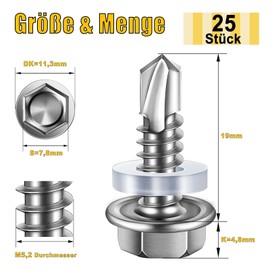 Pack of 25 Self-Tapping Screws, Hexagon Drilling Screws, Stainless Steel Tapping Screws, 5.5 x 19 mm Plumbing Screws Trapezoidal Sheet Metal Screws with Sealing Washer and Hex Socket Spanner