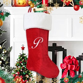 PORRUNNY 20 Inch Letter Christmas Stockings Red Polyester Plush for Family Holiday Xmas Party Decor Fireplace Hanging for Family Kids - P