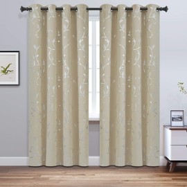 BUHUA Beige Flower Vine Print Curtain Thermal Insulated Blackout Curtains Privacy Curtain for Dining Room 52W×96L Inch 1Pair