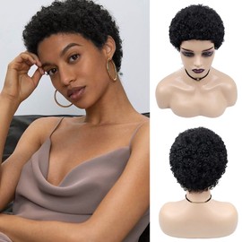 Short Jerry Curly Human Hair Wigs for Women, Full Machine Made Pixie Cut Wig Human Hair Glueless Jet Black Color (Jerry Curls 1#)